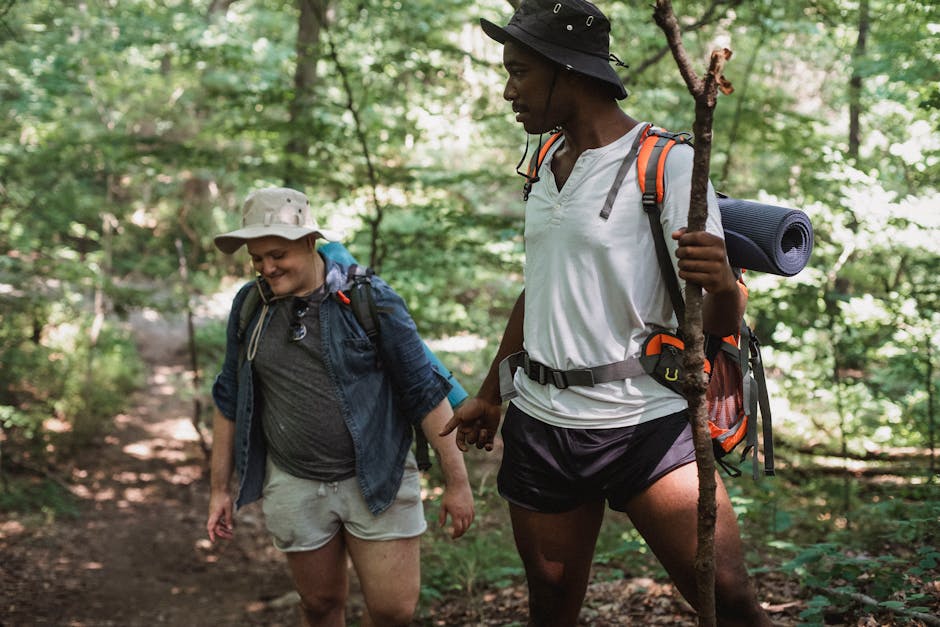 Positive multiethnic travelers in bucket hats with backpacks trekking in forest with green trees in sunny day