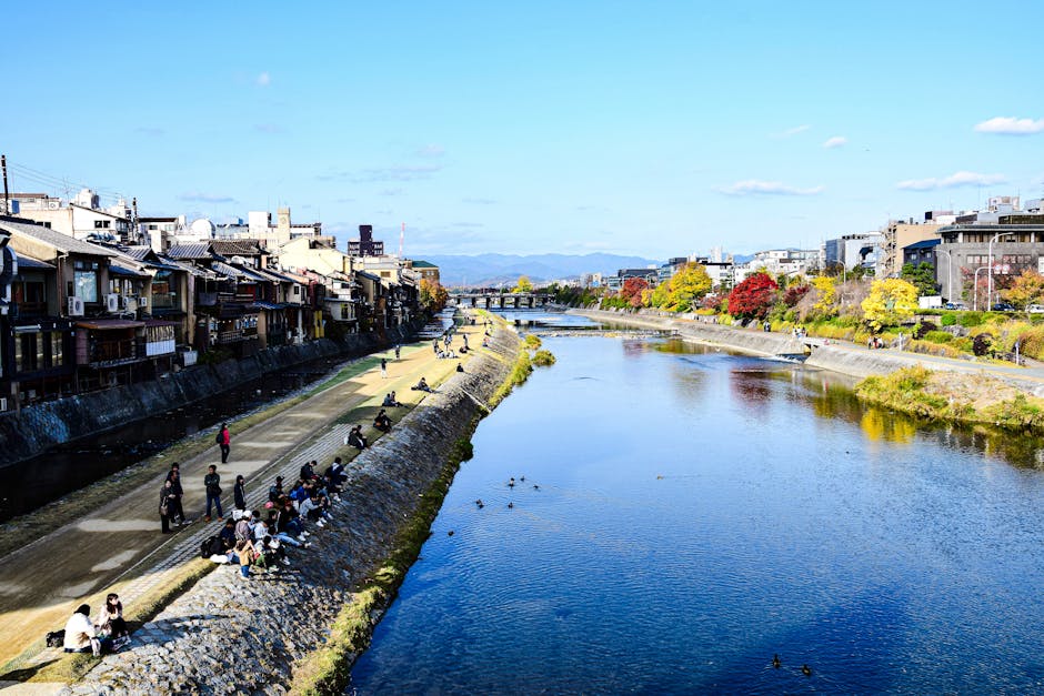 Beautiful scenery of Kamo River with cityscape and autumn foliage in Kyoto, Japan.