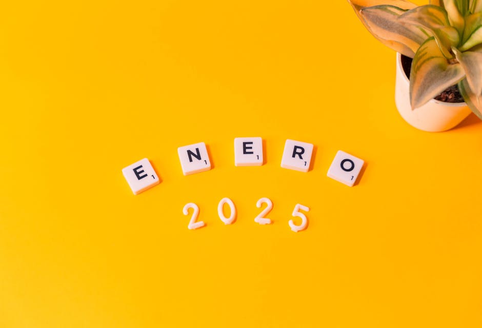 Enero 2025 spelled out on a vibrant yellow surface with potted plant.
