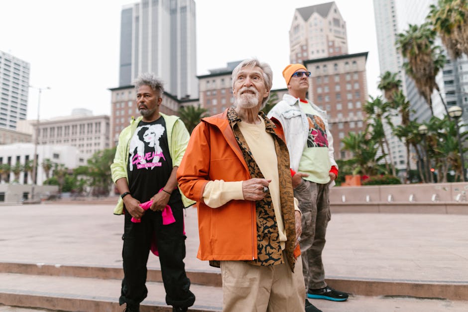 Three senior men showcase unique street style in urban cityscape, embodying a blend of modern and retro fashion.